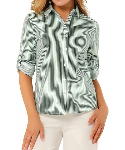 Women's Striped Button Down Spring Point Collar Roll-up Long Sleeve Shirt Green $15.04 Blouses