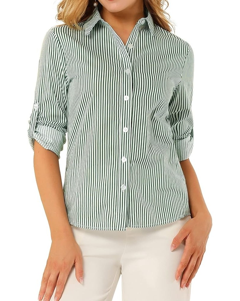 Women's Striped Button Down Spring Point Collar Roll-up Long Sleeve Shirt Green $15.04 Blouses