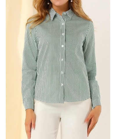 Women's Striped Button Down Spring Point Collar Roll-up Long Sleeve Shirt Green $15.04 Blouses