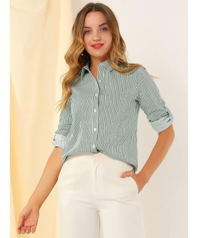 Women's Striped Button Down Spring Point Collar Roll-up Long Sleeve Shirt Green $15.04 Blouses