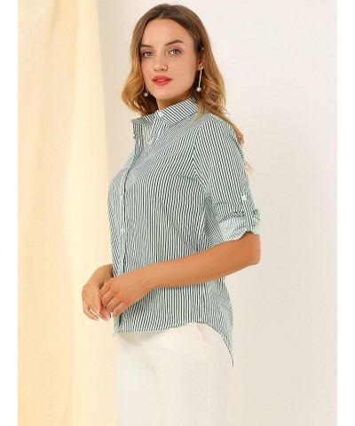 Women's Striped Button Down Spring Point Collar Roll-up Long Sleeve Shirt Green $15.04 Blouses