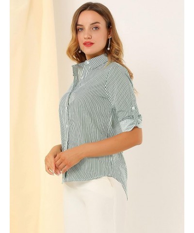 Women's Striped Button Down Spring Point Collar Roll-up Long Sleeve Shirt Green $15.04 Blouses