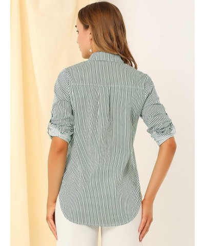 Women's Striped Button Down Spring Point Collar Roll-up Long Sleeve Shirt Green $15.04 Blouses