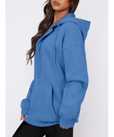 Womens Oversize Hoodies Basic Solid Sweatshirts Zip Collar Kangaroo Pockets Colorful Blue $10.39 Hoodies & Sweatshirts