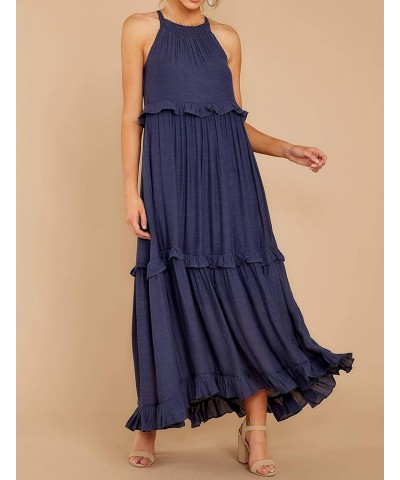 Womens Summer Dress Cotton Sleeveless Halter Layered Ruffles Casual Boho Flowy Maxi Dress Navyblue $21.72 Dresses