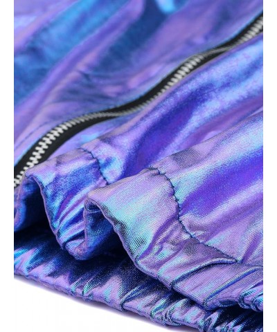 Women's Holographic Party Shimmering Shiny Lightweight Zipper Hooded Metallic Jacket Blue Purple $22.55 Jackets