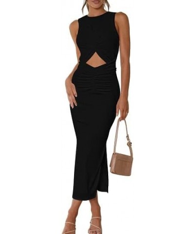 Women's Long Dress Sleeveless Crew Neck Twist Front Cutout Solid Color Slim Fit Tank Dress Party Outfit Black-125002 $12.17 S...