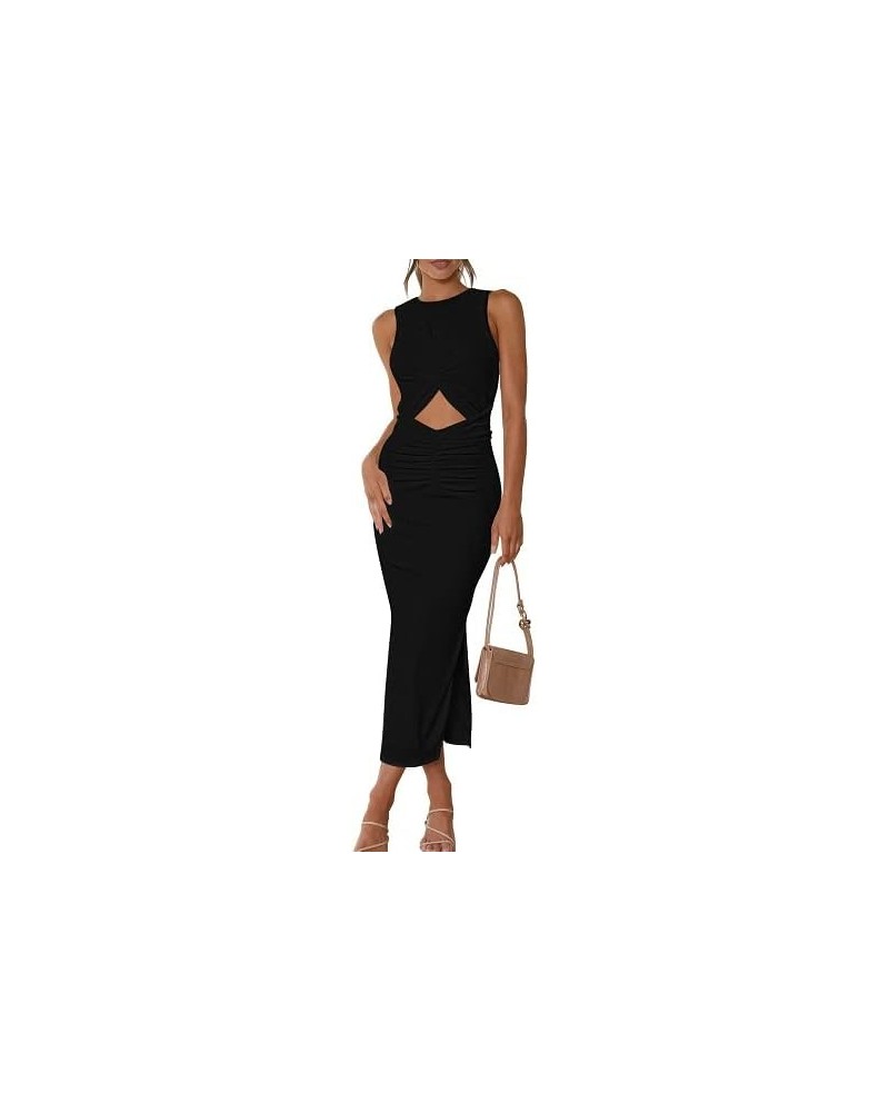 Women's Long Dress Sleeveless Crew Neck Twist Front Cutout Solid Color Slim Fit Tank Dress Party Outfit Black-125002 $12.17 S...