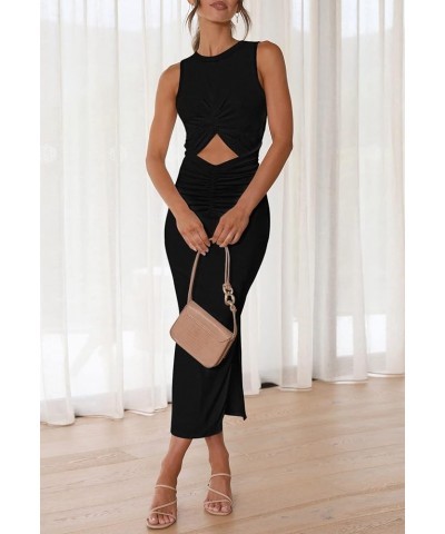 Women's Long Dress Sleeveless Crew Neck Twist Front Cutout Solid Color Slim Fit Tank Dress Party Outfit Black-125002 $12.17 S...