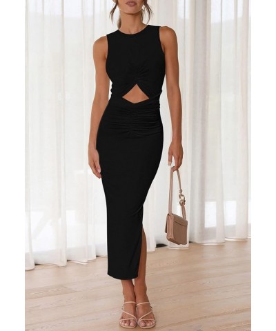 Women's Long Dress Sleeveless Crew Neck Twist Front Cutout Solid Color Slim Fit Tank Dress Party Outfit Black-125002 $12.17 S...