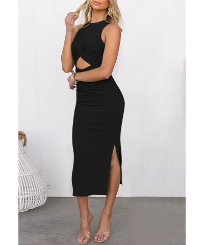 Women's Long Dress Sleeveless Crew Neck Twist Front Cutout Solid Color Slim Fit Tank Dress Party Outfit Black-125002 $12.17 S...