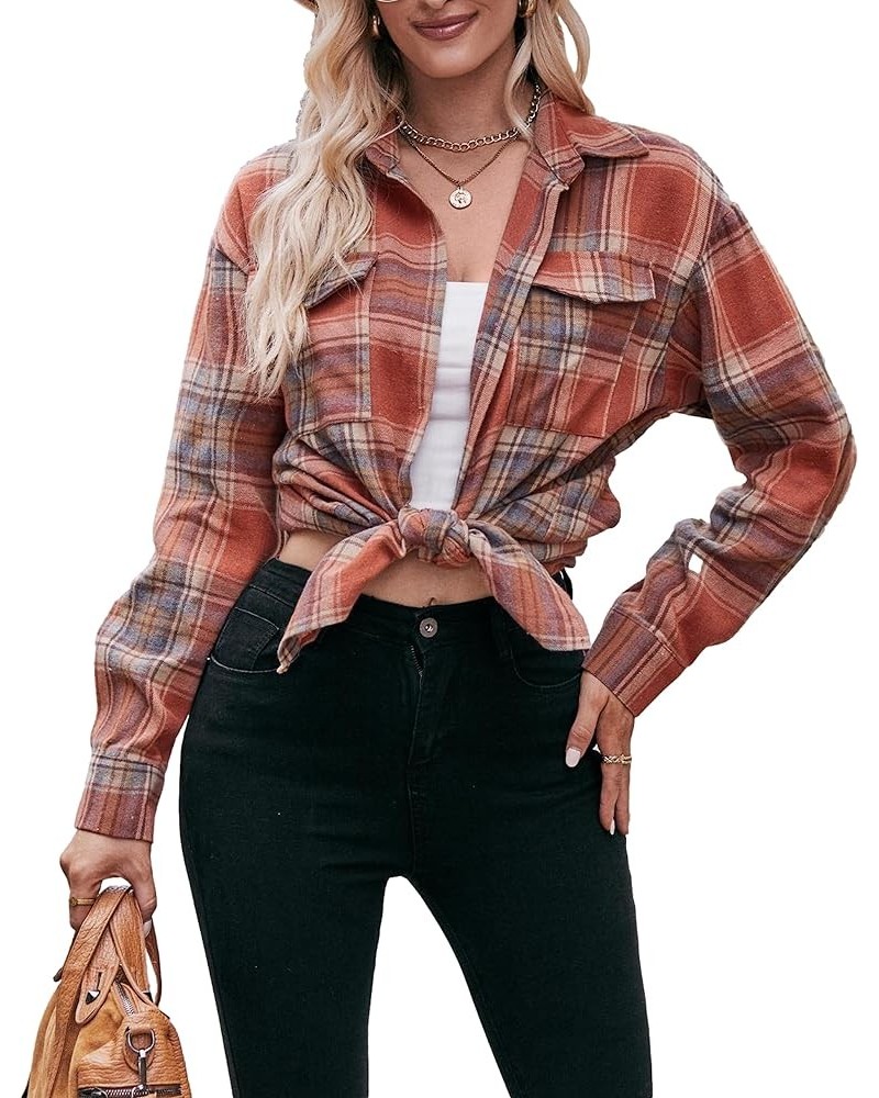 Plaid Flannel Shirts for Women Oversized Button Down Long Sleeve Buffalo Shirts Blouse Tops 02 Brown $12.58 Blouses