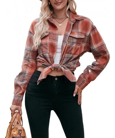 Plaid Flannel Shirts for Women Oversized Button Down Long Sleeve Buffalo Shirts Blouse Tops 02 Brown $12.58 Blouses