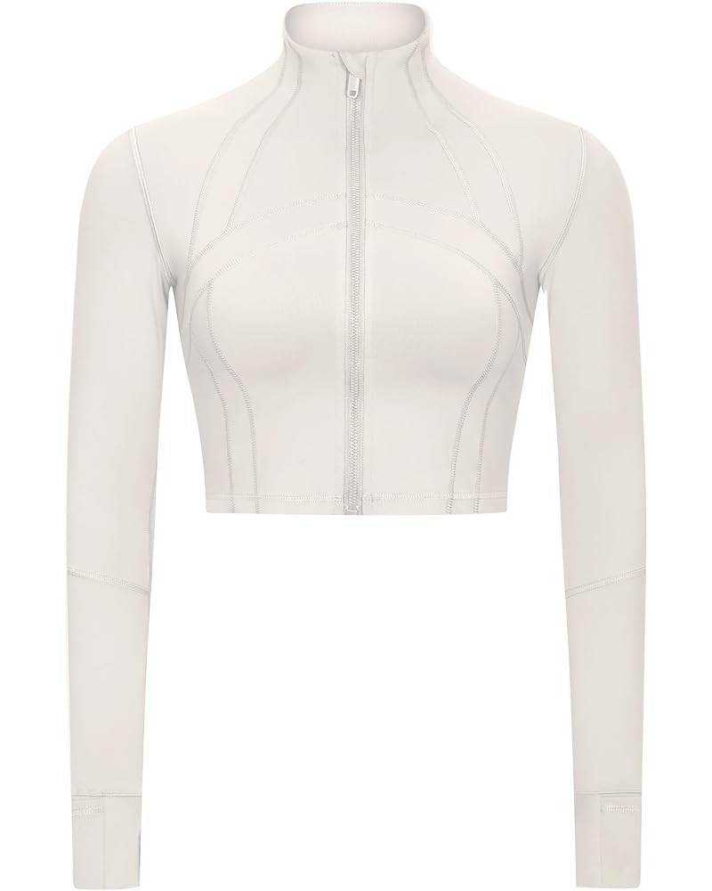 Women's Running Full Zip Lightweight Workout Jacket Cropped Slim Fit Tops Gym Yoga Clothes with Thumb Holes Beige $12.30 Jackets