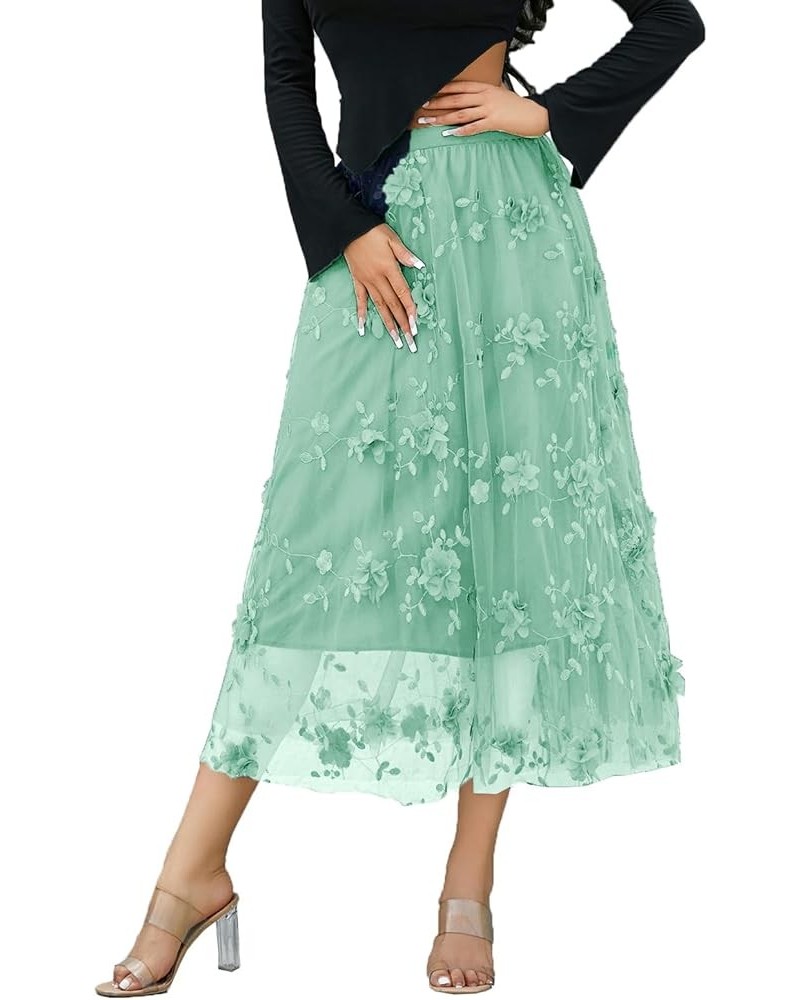 Women's Tutu Tulle Skirt Elastic High Waist Layered Midi Skirt Floral Lace Embroidery Mesh A-Line Skirt Green-c $10.35 Skirts