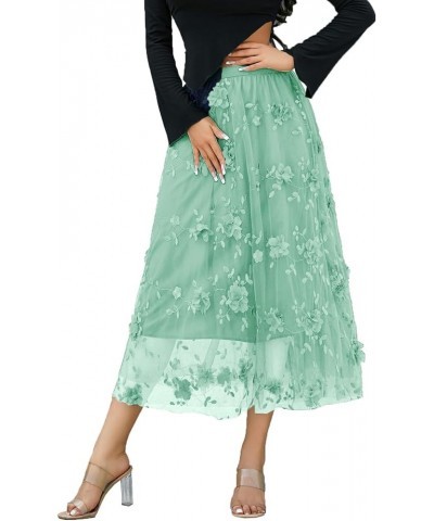 Women's Tutu Tulle Skirt Elastic High Waist Layered Midi Skirt Floral Lace Embroidery Mesh A-Line Skirt Green-c $10.35 Skirts