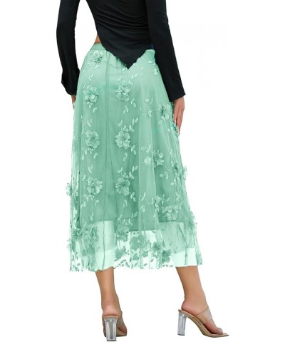 Women's Tutu Tulle Skirt Elastic High Waist Layered Midi Skirt Floral Lace Embroidery Mesh A-Line Skirt Green-c $10.35 Skirts