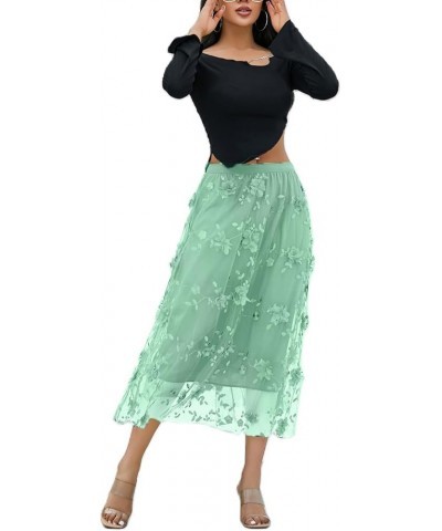 Women's Tutu Tulle Skirt Elastic High Waist Layered Midi Skirt Floral Lace Embroidery Mesh A-Line Skirt Green-c $10.35 Skirts