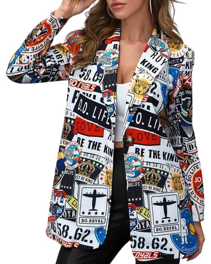 Women's Notched Lapel Graffiti Blazer Jackets Long Sleeve Open Front Multicolored Art Work Suit Jacket B-white $17.67 Suits