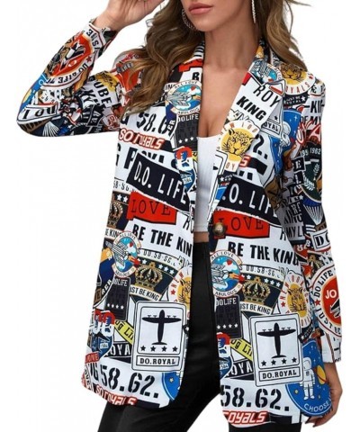 Women's Notched Lapel Graffiti Blazer Jackets Long Sleeve Open Front Multicolored Art Work Suit Jacket B-white $17.67 Suits