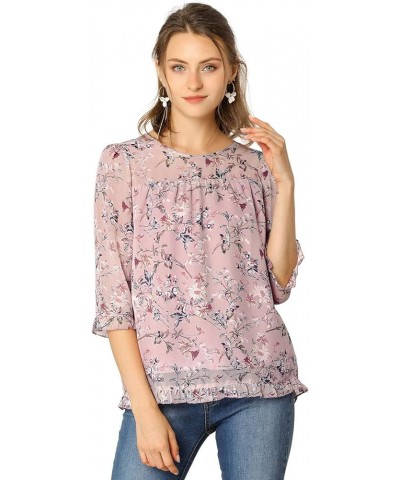 Women's Casual Ruffle 3/4 Sleeve Floral Print Chiffon Blouse Pink $12.80 Blouses