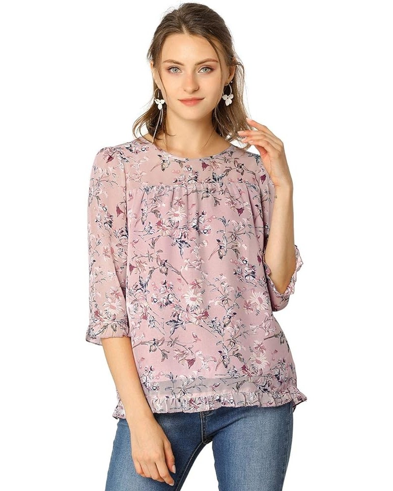 Women's Casual Ruffle 3/4 Sleeve Floral Print Chiffon Blouse Pink $12.80 Blouses