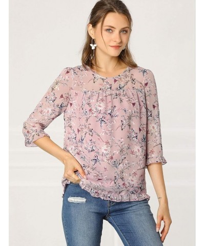 Women's Casual Ruffle 3/4 Sleeve Floral Print Chiffon Blouse Pink $12.80 Blouses