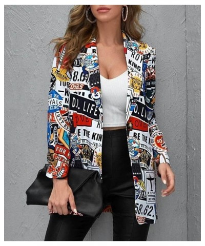 Women's Notched Lapel Graffiti Blazer Jackets Long Sleeve Open Front Multicolored Art Work Suit Jacket B-white $17.67 Suits