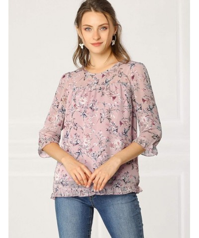 Women's Casual Ruffle 3/4 Sleeve Floral Print Chiffon Blouse Pink $12.80 Blouses