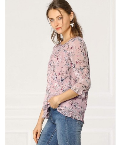 Women's Casual Ruffle 3/4 Sleeve Floral Print Chiffon Blouse Pink $12.80 Blouses