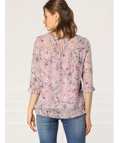 Women's Casual Ruffle 3/4 Sleeve Floral Print Chiffon Blouse Pink $12.80 Blouses