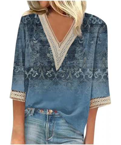 Womens Summer Tops 2023, 3/4 Sleeve Lace V Neck Shirts Printed Loose T-Shirts Trendy Elegant Casual Shirt 2-blue $4.06 Shirts