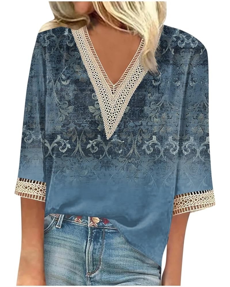 Womens Summer Tops 2023, 3/4 Sleeve Lace V Neck Shirts Printed Loose T-Shirts Trendy Elegant Casual Shirt 2-blue $4.06 Shirts