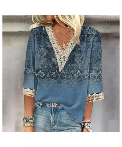 Womens Summer Tops 2023, 3/4 Sleeve Lace V Neck Shirts Printed Loose T-Shirts Trendy Elegant Casual Shirt 2-blue $4.06 Shirts