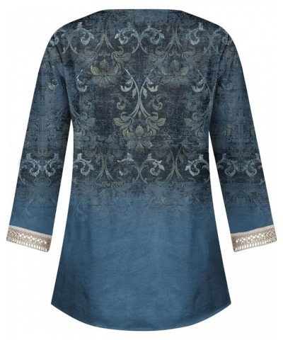 Womens Summer Tops 2023, 3/4 Sleeve Lace V Neck Shirts Printed Loose T-Shirts Trendy Elegant Casual Shirt 2-blue $4.06 Shirts