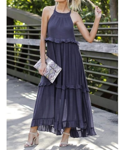 Womens Summer Dress Cotton Sleeveless Halter Layered Ruffles Casual Boho Flowy Maxi Dress Navyblue $21.72 Dresses