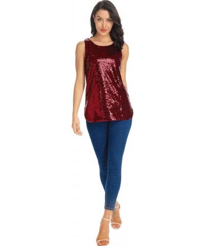 Women's Sleeveless Sparkle Shimmer Camisole Vest Sequin Tank Tops Wine Red $11.27 Tanks