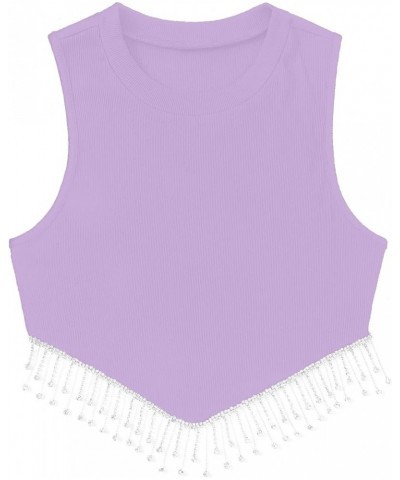 Sparkly Crop Tops for Women Rhinestone Fringe Tank Tops Y2K Party Concert Outfit Gifts for Women Purple $13.71 Tops