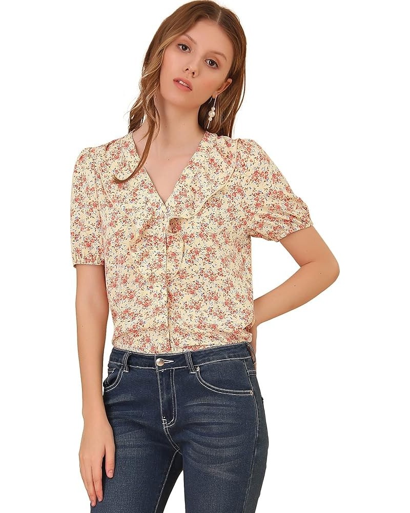 Women's 2023 Summer Short Sleeves V Neck Ruffle Floral Button Down Shirt Top Light Yellow $11.59 Blouses