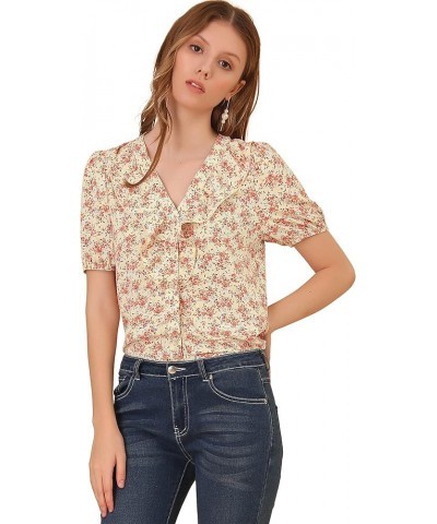 Women's 2023 Summer Short Sleeves V Neck Ruffle Floral Button Down Shirt Top Light Yellow $11.59 Blouses