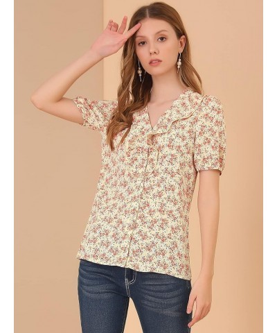 Women's 2023 Summer Short Sleeves V Neck Ruffle Floral Button Down Shirt Top Light Yellow $11.59 Blouses