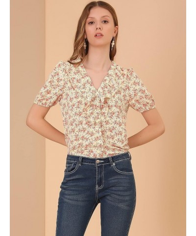 Women's 2023 Summer Short Sleeves V Neck Ruffle Floral Button Down Shirt Top Light Yellow $11.59 Blouses