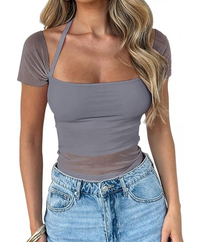 Sheer Mesh Short Sleeve Crop Top Square Neck Cropped T Shirt Cute Tops for Women Trendy Grey $11.33 T-Shirts