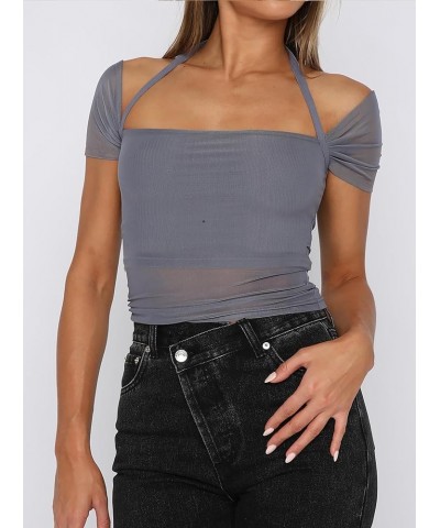 Sheer Mesh Short Sleeve Crop Top Square Neck Cropped T Shirt Cute Tops for Women Trendy Grey $11.33 T-Shirts