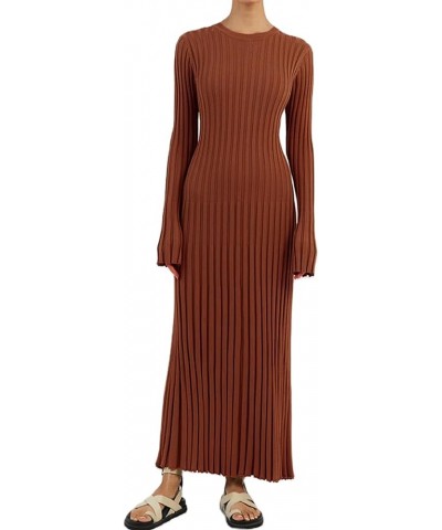 Womens Ribbed Knit Maxi Dress Long Sleeve Crew Neck Slim Fit Fall Sweater Dress Clubwear Y2k Knit Long Sleeve Dress Reddish C...