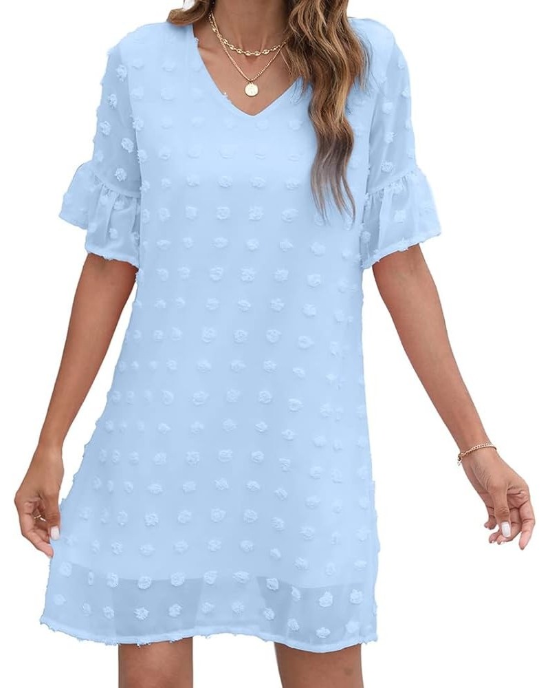 Women White Dress Short Sleeve v Neck Ruffle Cute Sundress Chiffon Casual Dress 1-light Blue $12.97 Dresses