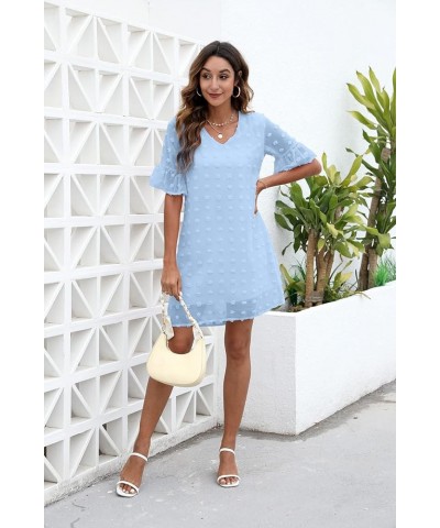 Women White Dress Short Sleeve v Neck Ruffle Cute Sundress Chiffon Casual Dress 1-light Blue $12.97 Dresses