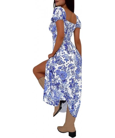 Womens Sweetheart V Neck Floral Midi Dress Short Puff Sleeve Side Split Smocked Back Casual Solid Dress for Summer Floral Pri...