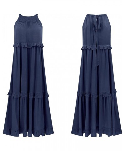 Womens Summer Dress Cotton Sleeveless Halter Layered Ruffles Casual Boho Flowy Maxi Dress Navyblue $21.72 Dresses