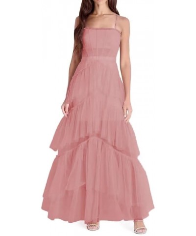 Women's Layered Ruffles Tulle Prom Dresses Long Ball Gowns Tiered Spaghetti Straps Formal Evening Dresses Dusty Rose $37.50 D...